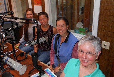 L to R: Bethany Guzman, Emily Rankin, Betty Brayker, Christine Moffitt, PhD., Aquatic Invasive Species Presentation Interview at KRFY Monday, June 23, 2014.